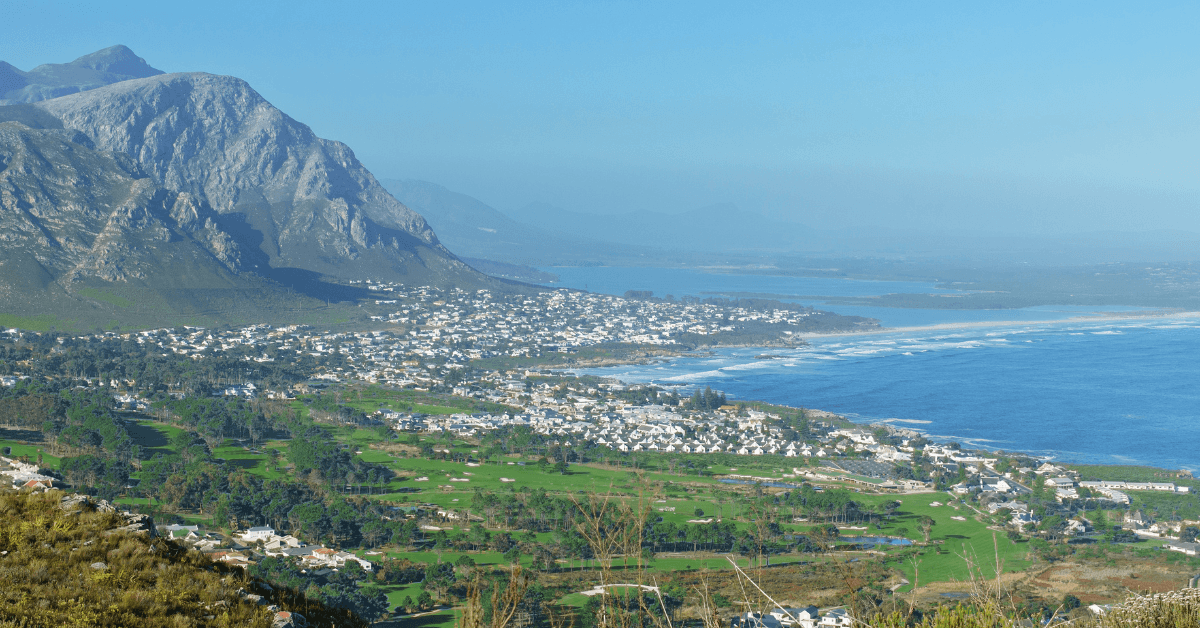 Panoramic view of Hermanus coastline and surrounding mountains from Rotary Way Lookout 